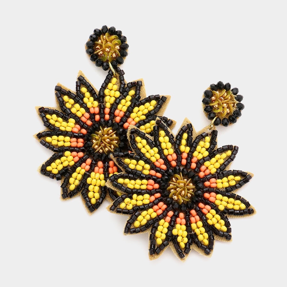 Black yellow orange Seed bead sunflower felt fashion earrings
